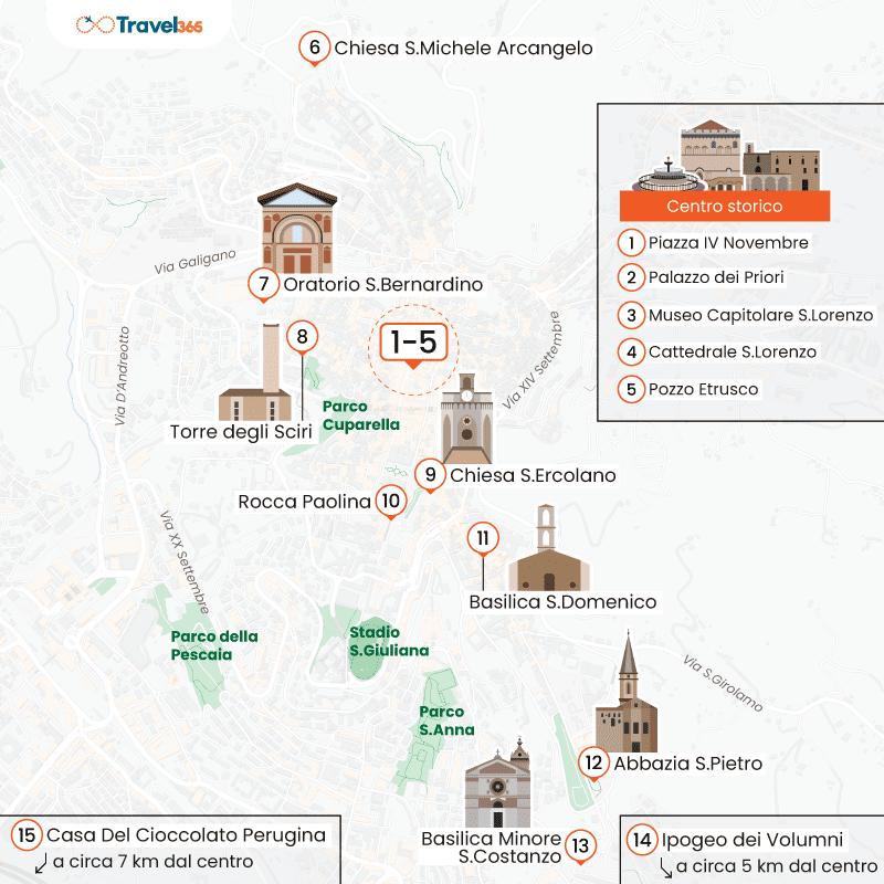 map of main attractions in Perugia