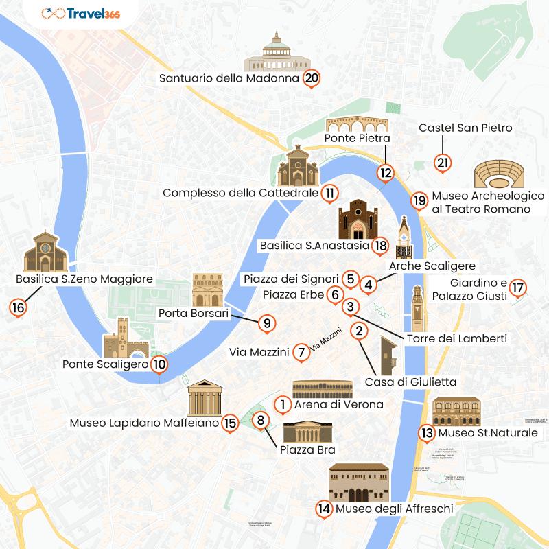 Map of main attractions and monuments of Verona 1